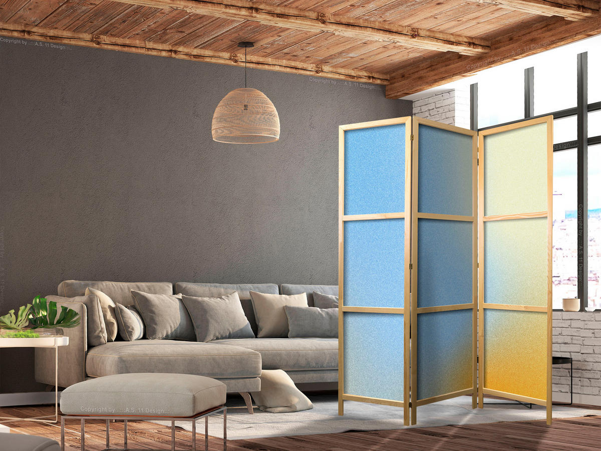PARAVÁN Japonský 3-dielny 135x172 cm Farebné Ombré - modrá, drevo/textil (135/172/3cm) - Muralo