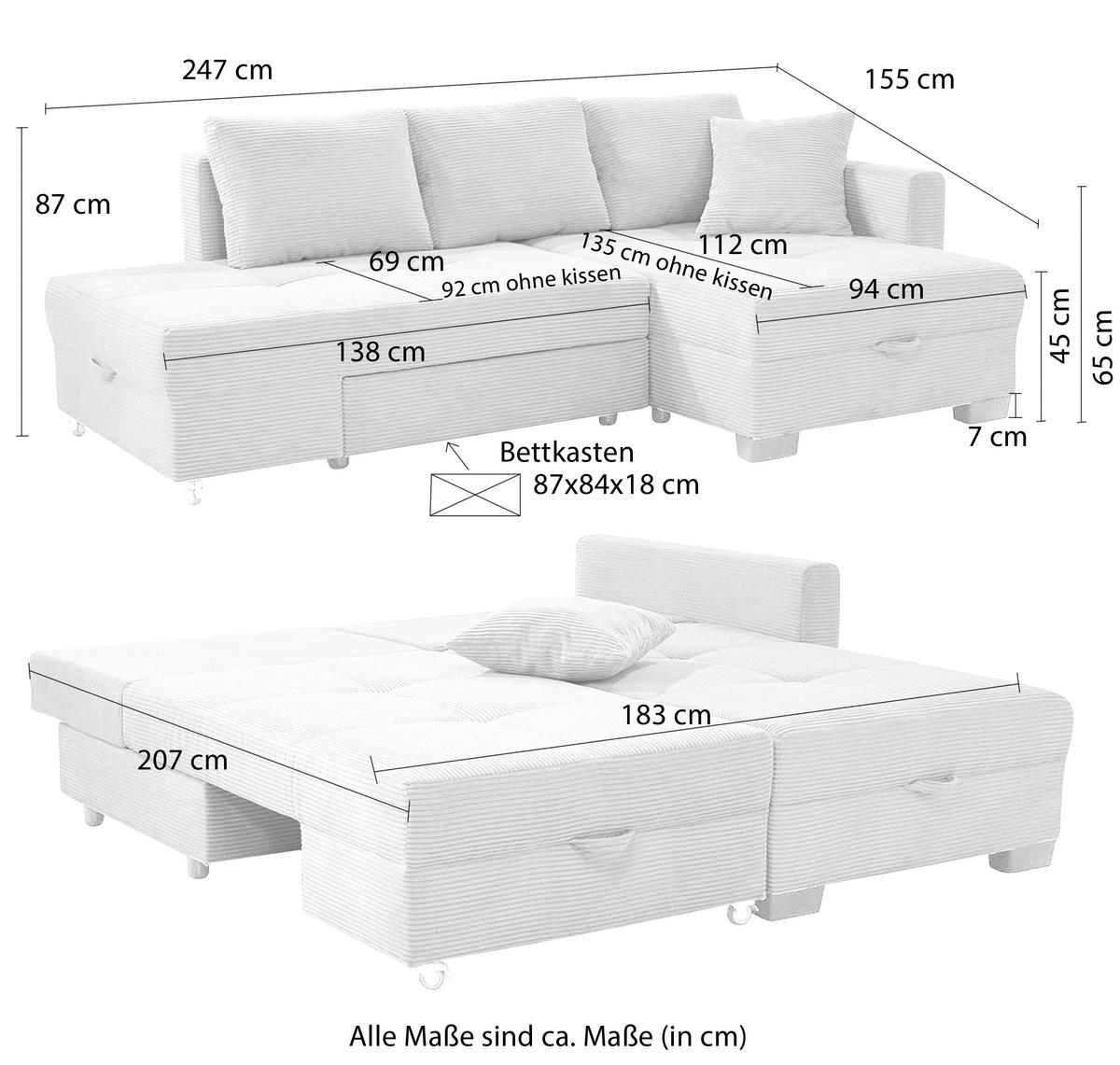ECKSOFA Doppelbett mit Bettkasten, seitenverkehrt montierbar B247/T155/H87 cm, Liegefläche 183x207 cm, Cord Grau Anthrazit / 15214 - Schieferfarben/Anthrazit, Kunststoff/Textil (247/155cm) - luma-home