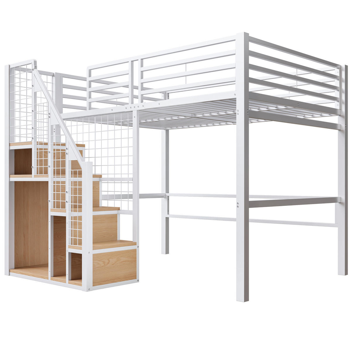 HOCHBETT aus Metall 140x200 cm in Weiß mit Treppe & Stauraum - Weiß, Metall (140/200cm) - Modfu