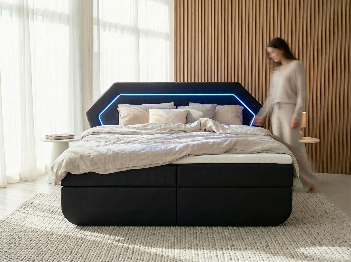 BOXBETT Phoenix schwarz 180/200 cm mit premium Topper - Schwarz, Textil (180/200cm) - wonello