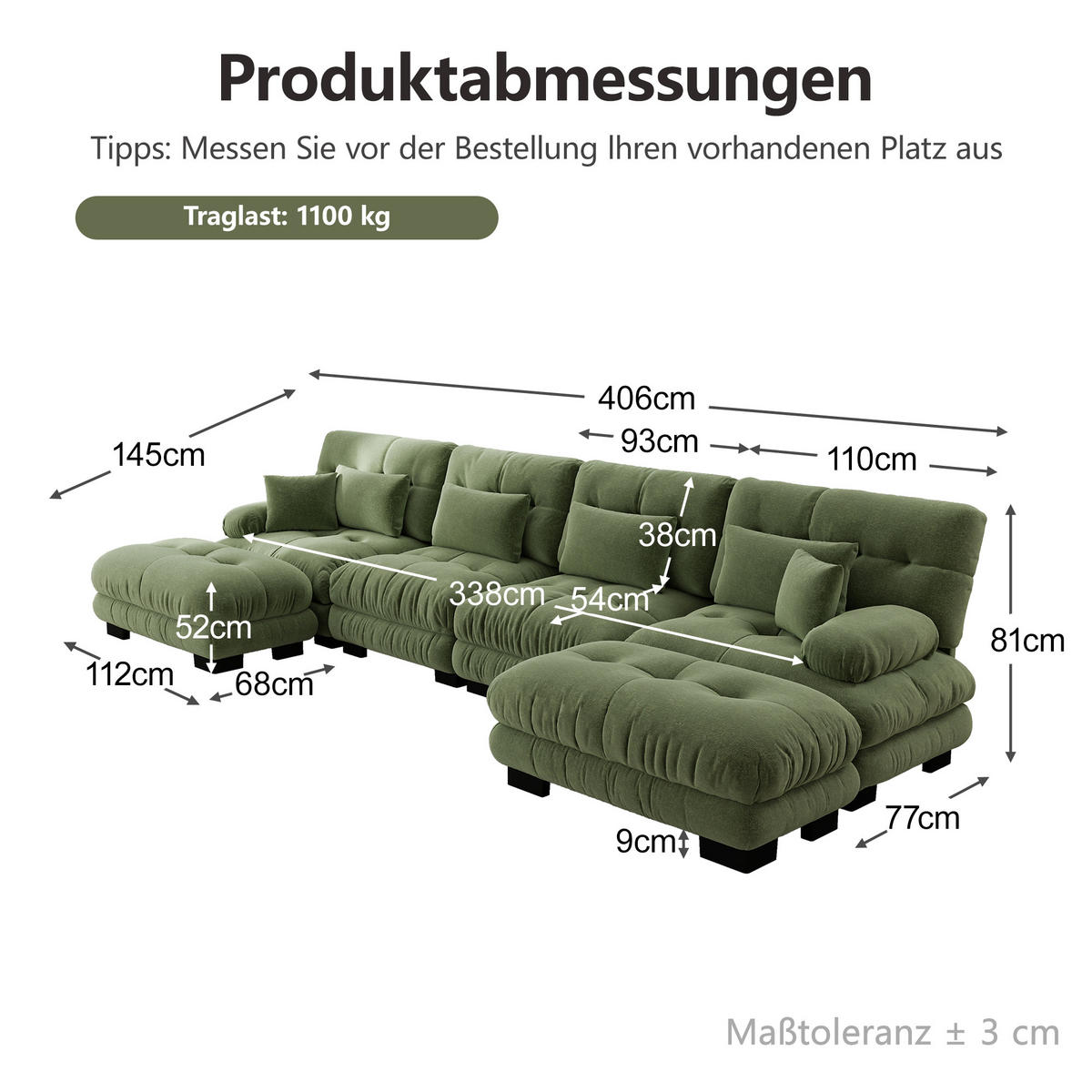 WOHNLANDSCHAFT DE-34065 U-förmig Grün - Grün, Holz (145/81/406cm) - ComfortXL