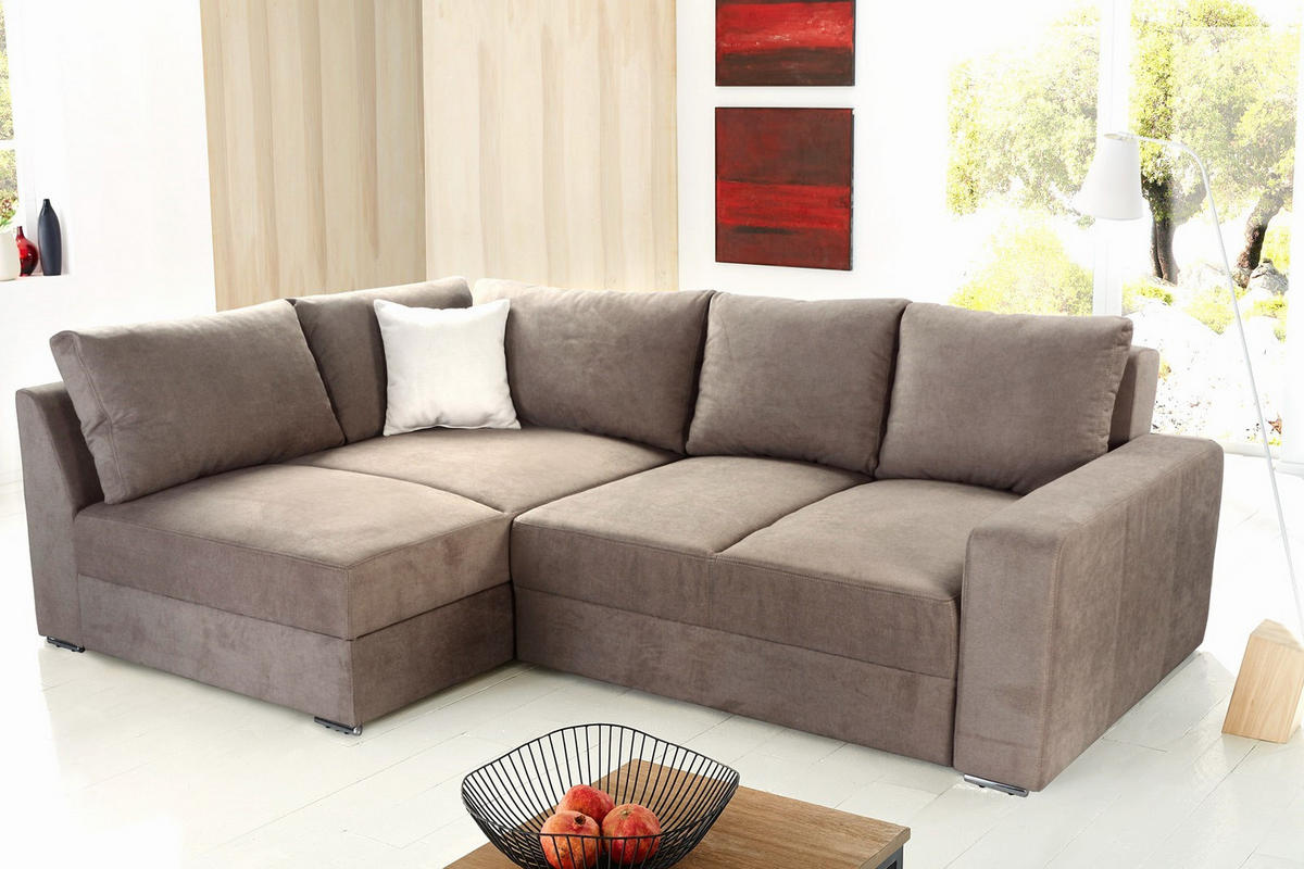 ECKSOFA-DAUERSCHLÄFER Boxspring Federkern Topper Bettkasten, seitenverkehrt montierbar B260/T181/H88 cm, Mikrofaser in Hell-Braun / 15108 - Hellbraun/Chromfarben, Textil/Metall (260/181cm) - luma-home