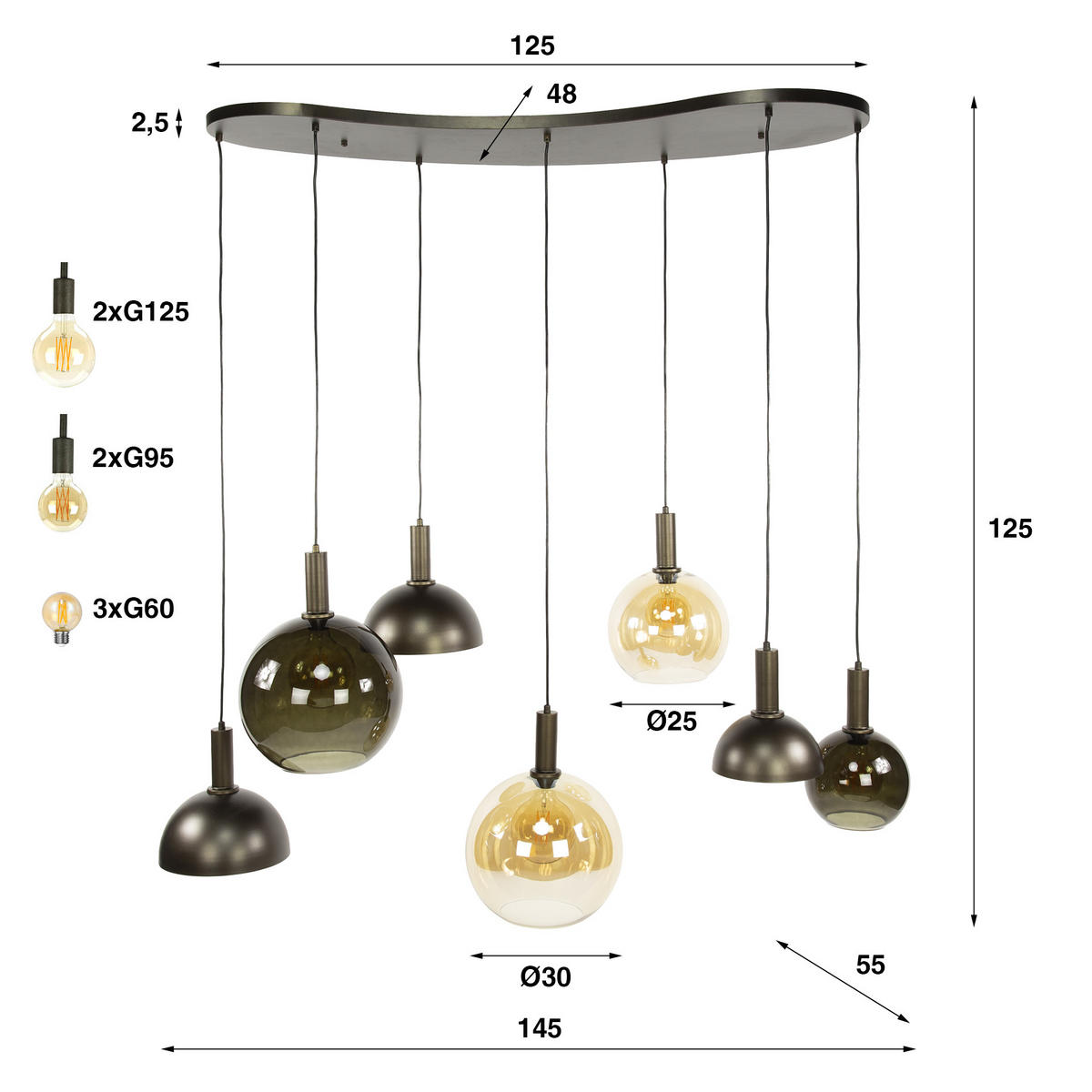 HÄNGELAMPE Cluster Braun 55/145/150 cm - Schwarz, Glas (55/145/150cm) - Hoyz Collection