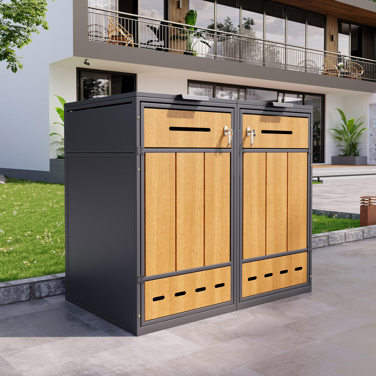 MÜLLTONNENBOX 2er abschließbar 120-240L Lüftung 2 Türen - Multicolor, Metall (84.5/118/132cm) - FLIEKS