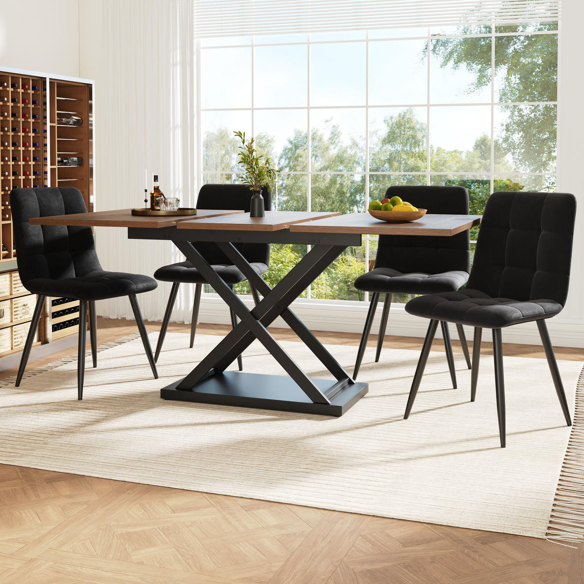 ESSTISCHSET 5-Teilig Ausziehbar 160x80 Cm, 4 Stühle, Schwarz Samt, Nussbaum - Walnussfarben, Metall (80/75/120cm) - FLIEKS