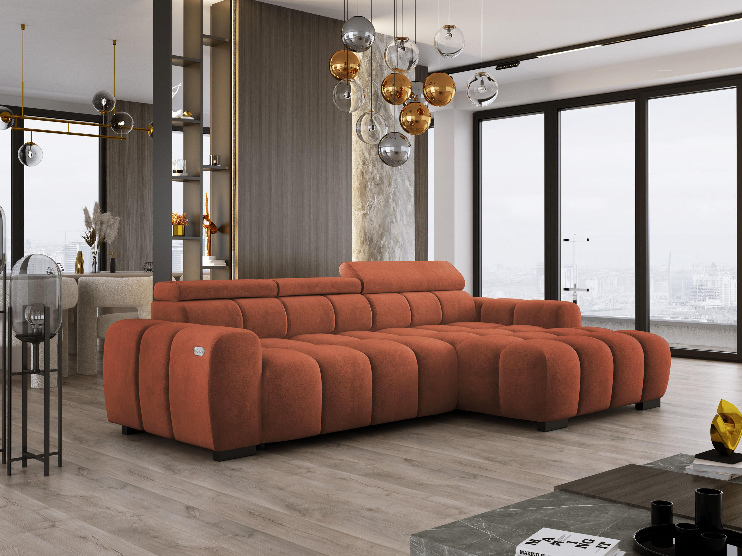ECKSOFA OMBO 285x168x77/97 cm, Rechts, Schlaffunktion, elektr. Sitz, Kopfstützen, Buche dunkel, hydrophober SALVADOR-Stoff – Olivgrün - Orange, Holz/Textil (285/168cm) - DomoHome
