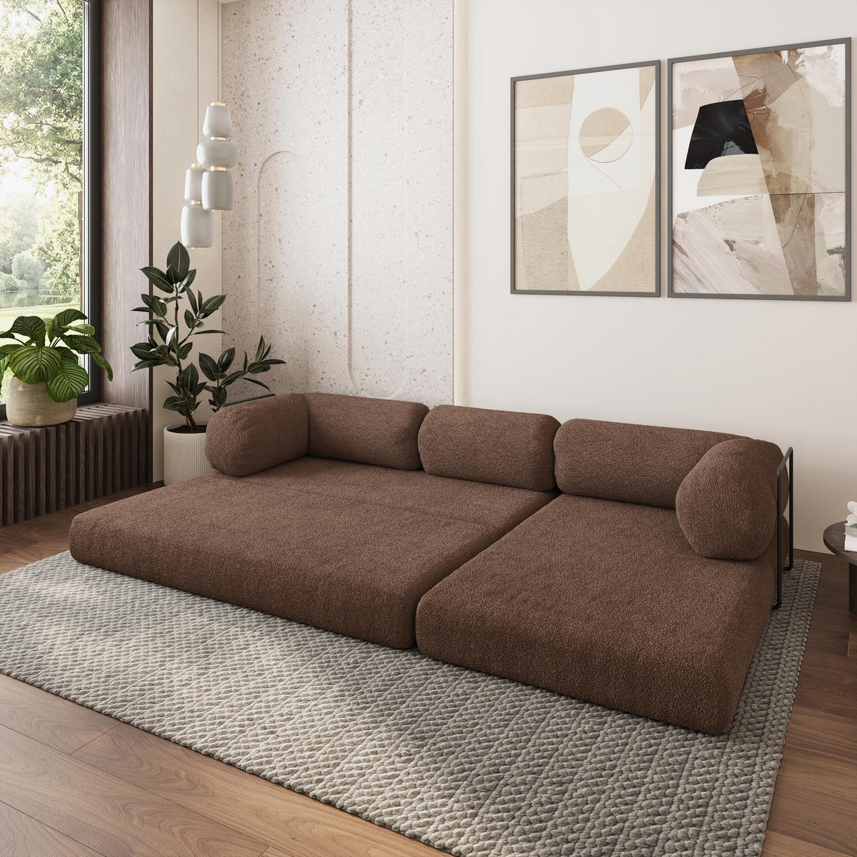 ROHOVÁ SEDAČKA KELI modulární Boneless pohovka s funkcí spaní, hnědá QUELLE 25 - hnědá, textil (270/160cm) - MASSENO