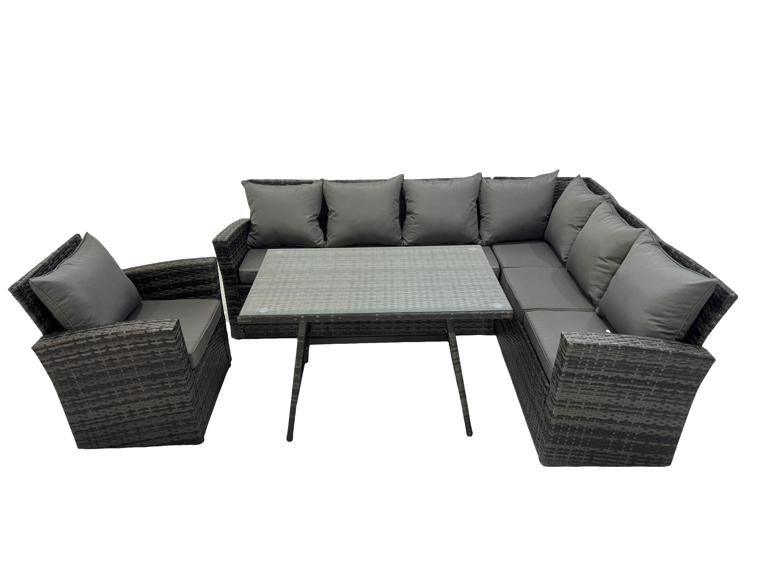 LOUNGEGARNITUR mit Esstisch Sofa Polyrattan Dunkelgrau 7-Sitzer - Dunkelgrau/Grau, Glas/Kunststoff - Fimous
