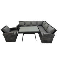 LOUNGEGARNITUR mit Esstisch Sofa Polyrattan Dunkelgrau 7-Sitzer - Dunkelgrau/Grau, Glas/Kunststoff - Fimous