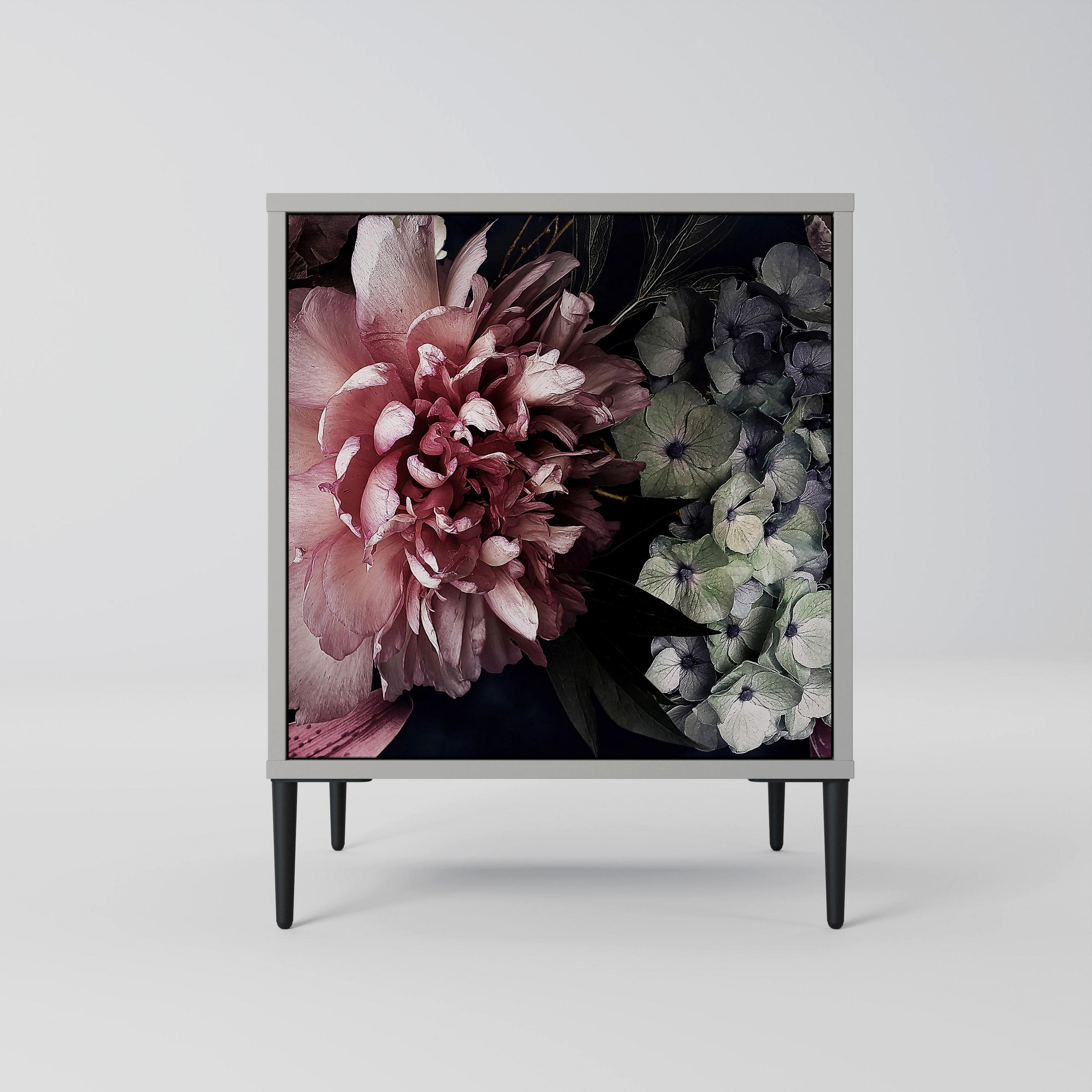 SIDEBOARD PURE BLOSSOM, Grau, 57,5x42x72,5 cm, Schwarze Metallfüße - Multicolor/Schwarz, Holzwerkstoff/Metall (57.5/72.5/42cm) - SpaceRebels