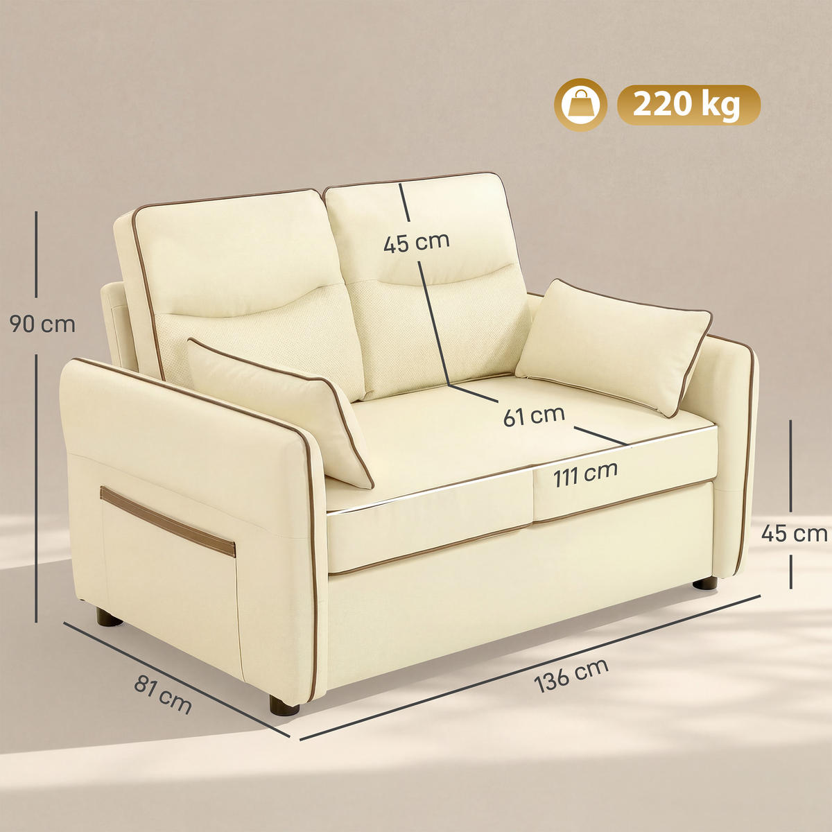 SOFA, 2-Sitzer, Kunstleder, dicke Polsterung, Seitentasche, beige, 136x81x90cm - Multicolor, Holzwerkstoff (136/90/81cm) - FORIOUS