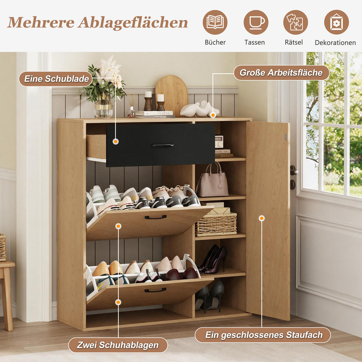 SCHUHSCHRANK 100×35×106cm Naturholz Schwarz mit 2 Klappen - Schwarz/Naturfarben, Holzwerkstoff (100/106/35cm) - FLIEKS