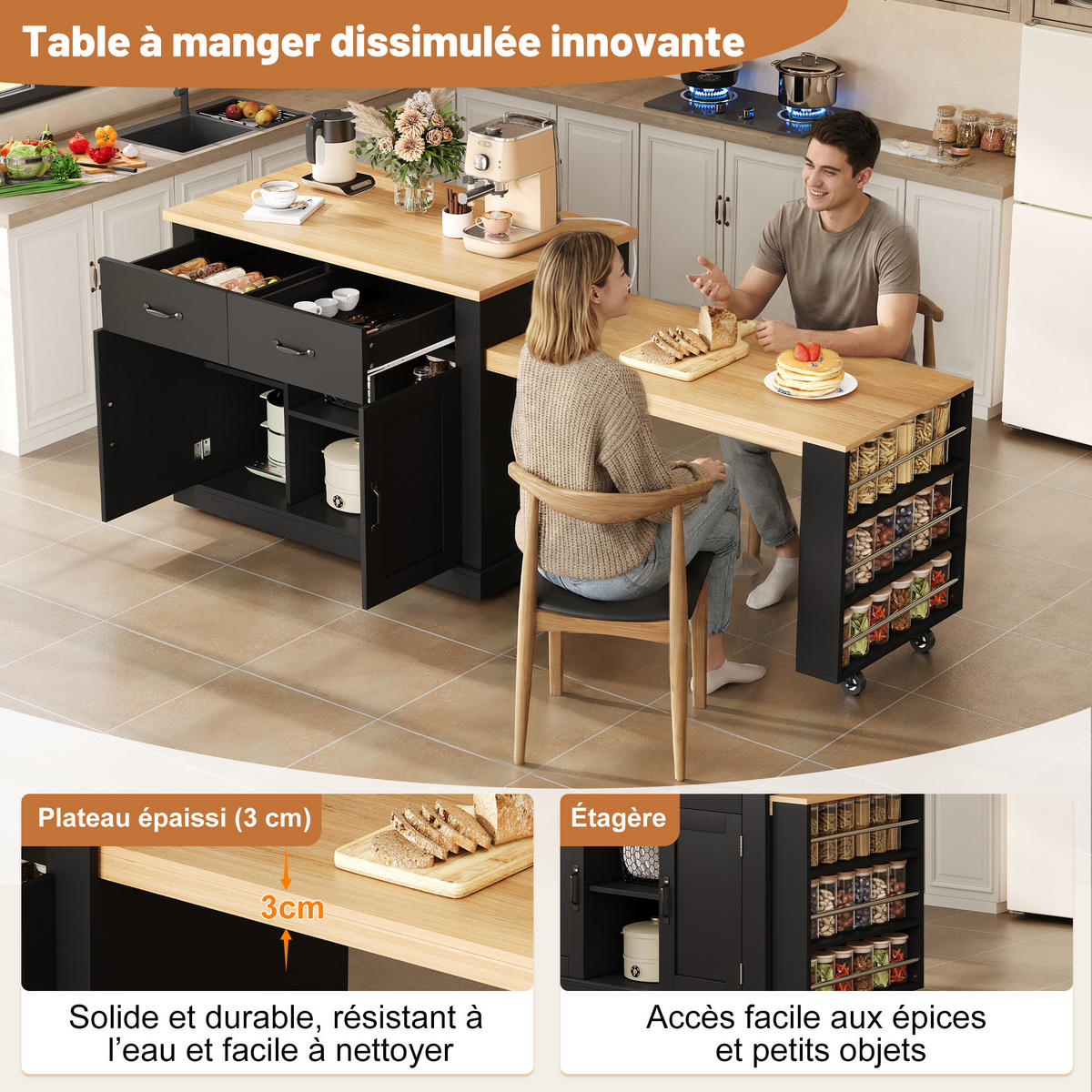 KÜCHENINSEL Mobiler Küchenwagen mit AUSZIEHBAREM ESSTISCH, Holzimitat, 132/70/90 cm - Schwarz, Kunststoff (60/93/132cm) - Rolipo