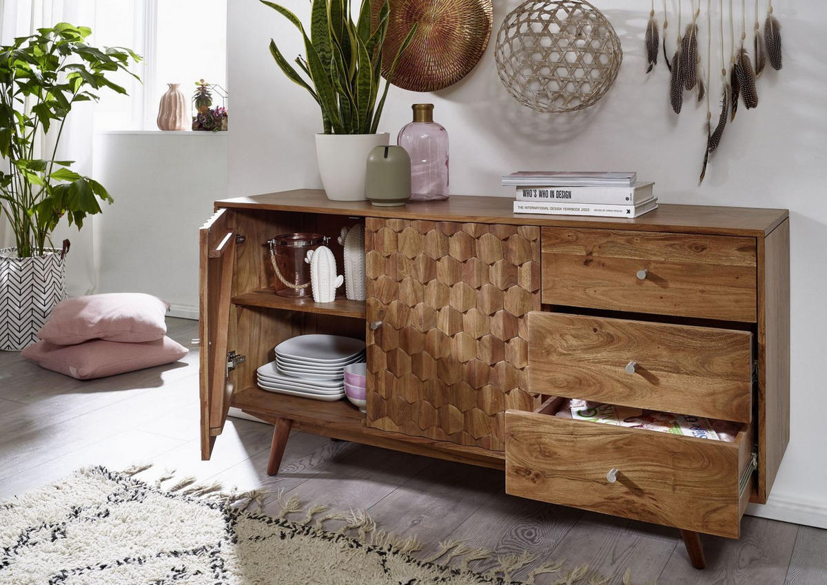 SIDEBOARD Akazie 145x42x75 natur lackiert MOSAYK #106 - Braun, Holz (145/75/42cm) - Massivmoebel24