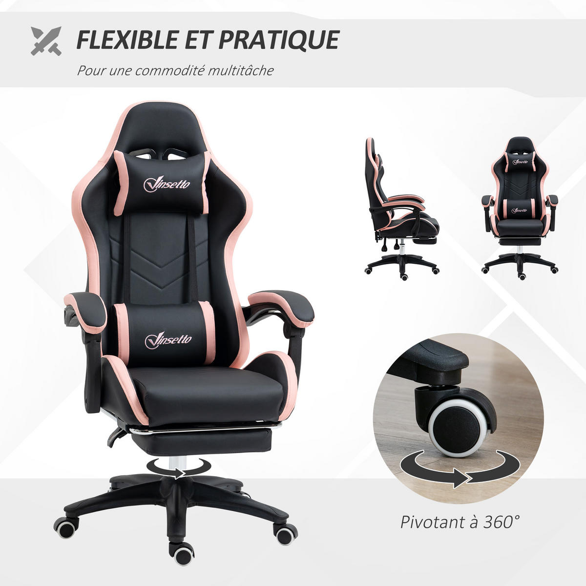 GAMING-STUHL Rosa, 65/65/121-129 cm, Höhenverstellbar, mit Fußstütze - Hellrosa, Metall (65/129/65cm) - PANGIVO