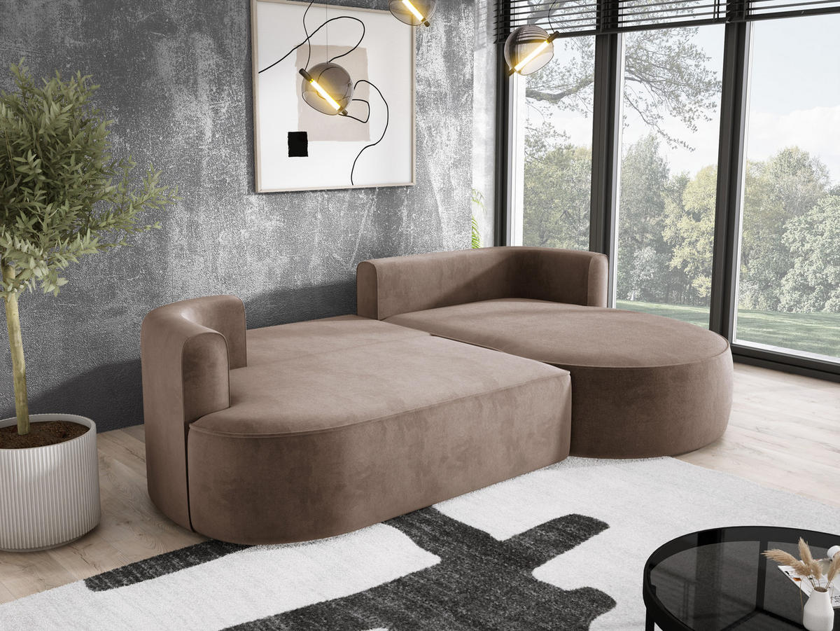 ECKSOFA FIORE L-förm Moderne Ausziehbare Schlaf-Funktion, automatischer Auffaltung, lose Rückenkissen freistehend RECHTS 284x183x82cm Cappuccino - Cappuccino, Holz/Textil (284/183cm) - DomoHome