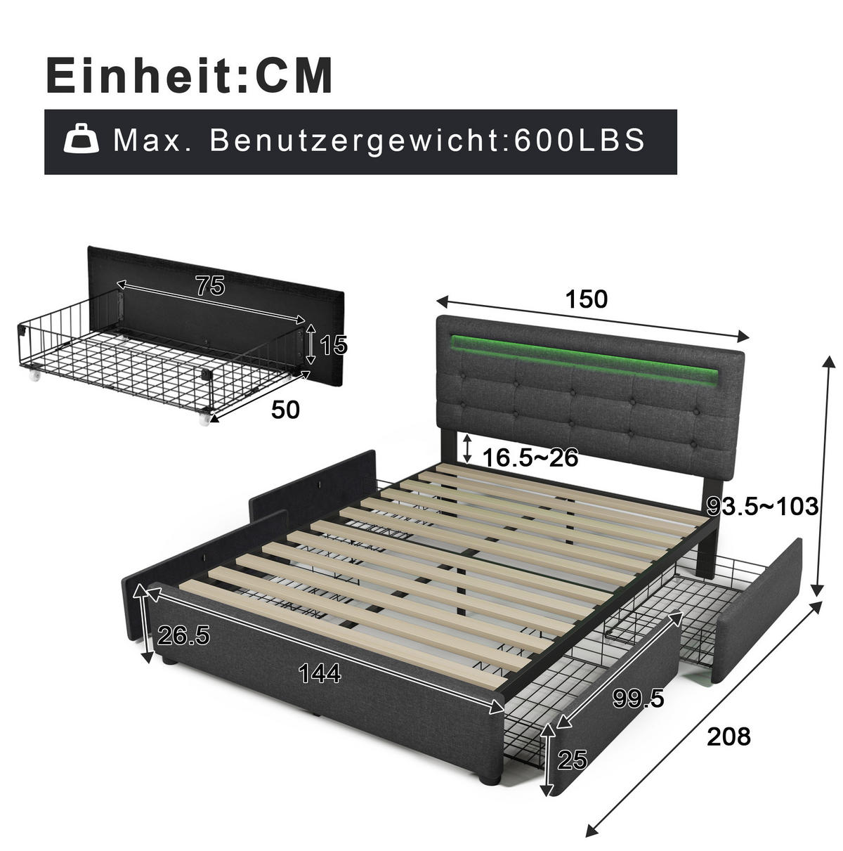 POLSTERBETT 140/200 cm mit LED-Beleuchtung, 4 Schubladen, verstellbarem Kopfteil und Matratze, Grau - Grau, Textil (140/200cm) - Redom