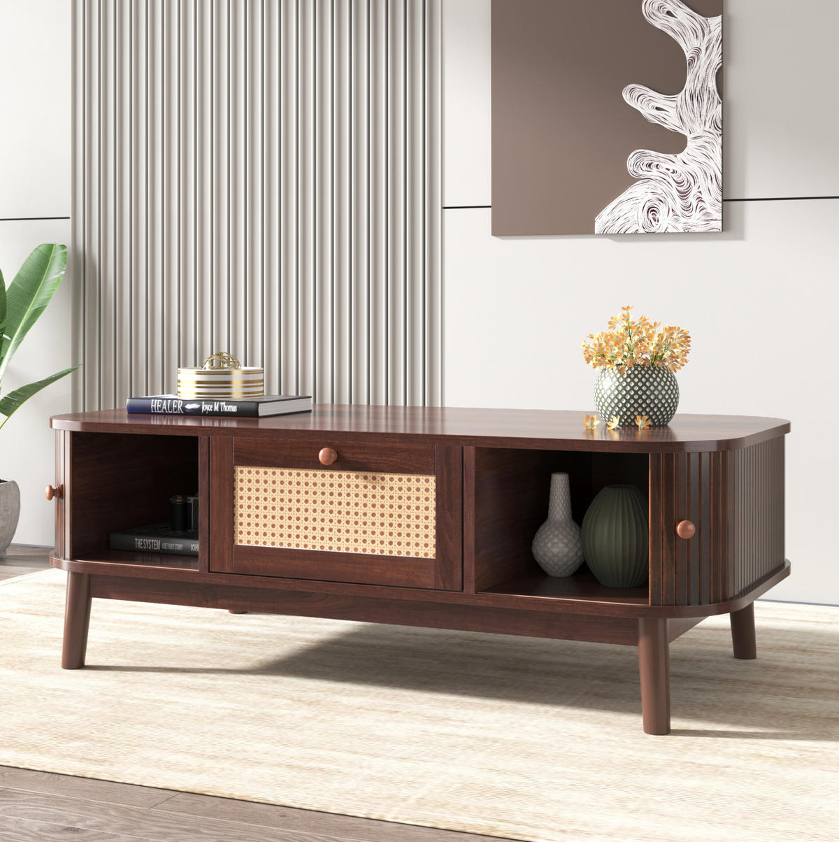 KONFERENČNÍ stolek 110/55/38,5 cm přírodní z MDF s ratanovým dekorem a úložným prostorem - přírodní, kompozitní dřevo (110/55/38.5cm) - OKWISH