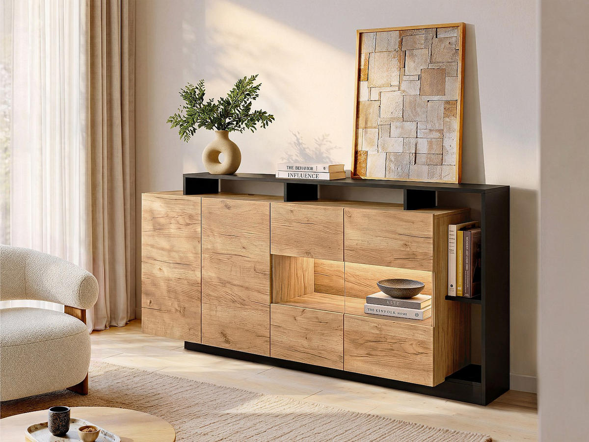SIDEBOARD - 200 cm x 43.6 cm - Holz, Platte, Glas - Anthrazitgrau, Naturfarben Hell - IDESIA - Anthrazit/Naturfarben, Glas/Holz (200/92.8/43cm) - Vente-Unique