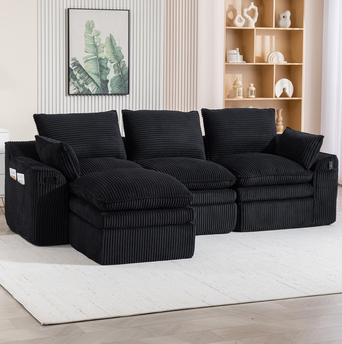 3-STIZER Sofa 263/167/85 cm frei kombinierbar mit Hocker, Seitentaschen und Kissen, Schwarz - Schwarz, Textil (263/85/167cm) - Redom