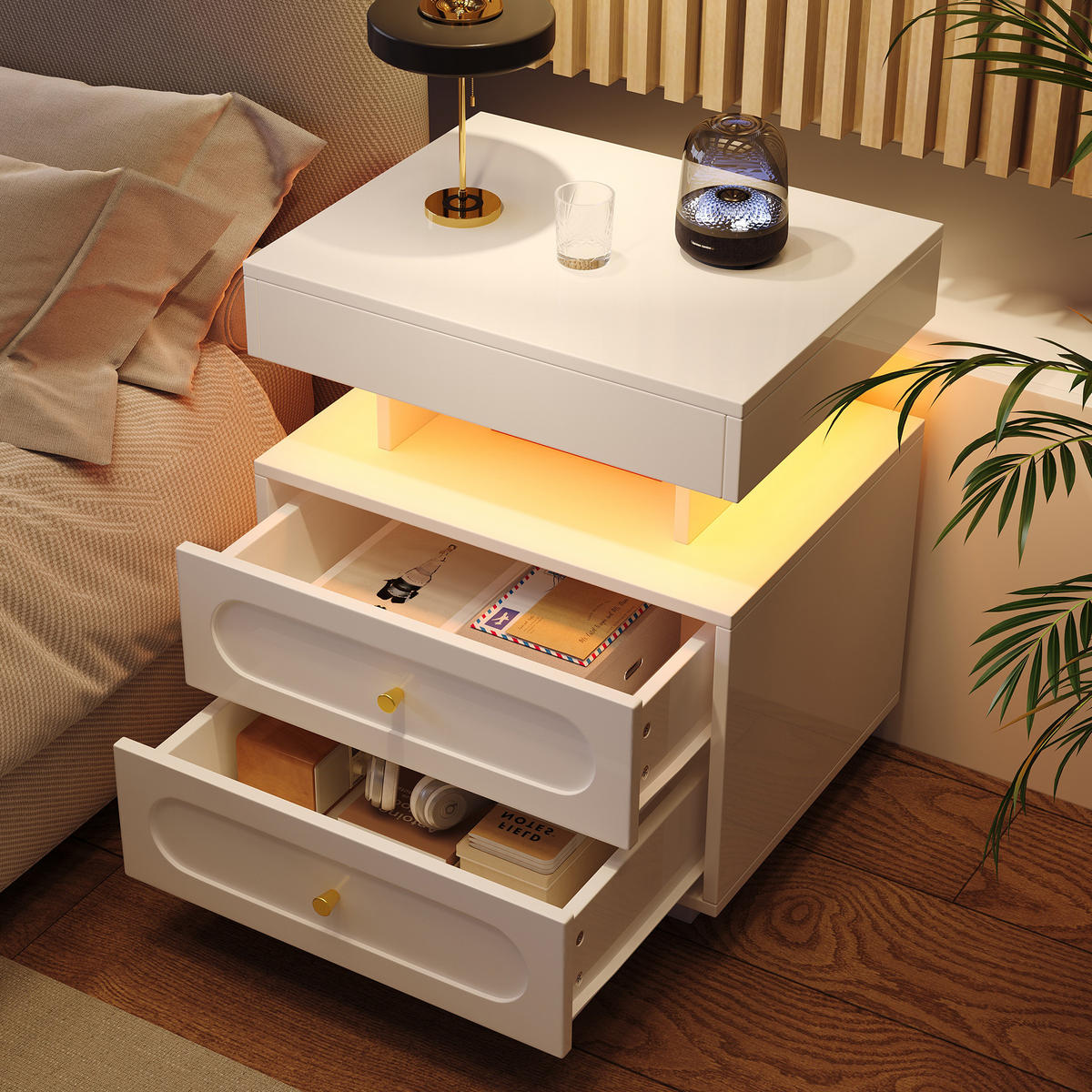 ESSTISCH 50/40/60 cm in Weiß mit LED-Beleuchtung und 2 Schubladen - Weiß, Holzwerkstoff (40/60/50cm) - Flora Grace