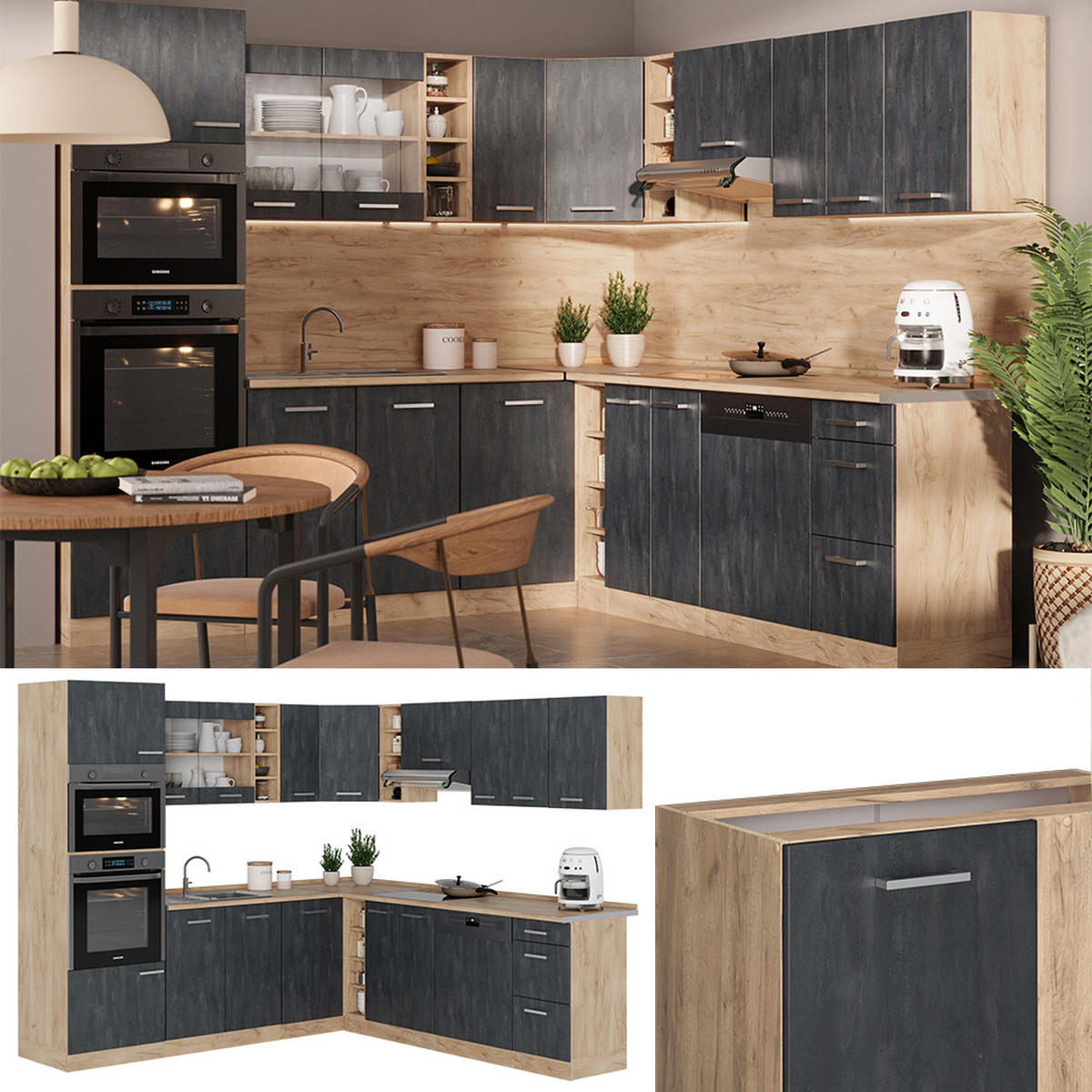 ECKKÜCHE R-Line Schwarz Beton/Goldkraft Eiche 237 x 247 cm AP Anthrazit - Eiche Wotan/Schwarz, Holzwerkstoff (247/81.6/60cm) - Vicco