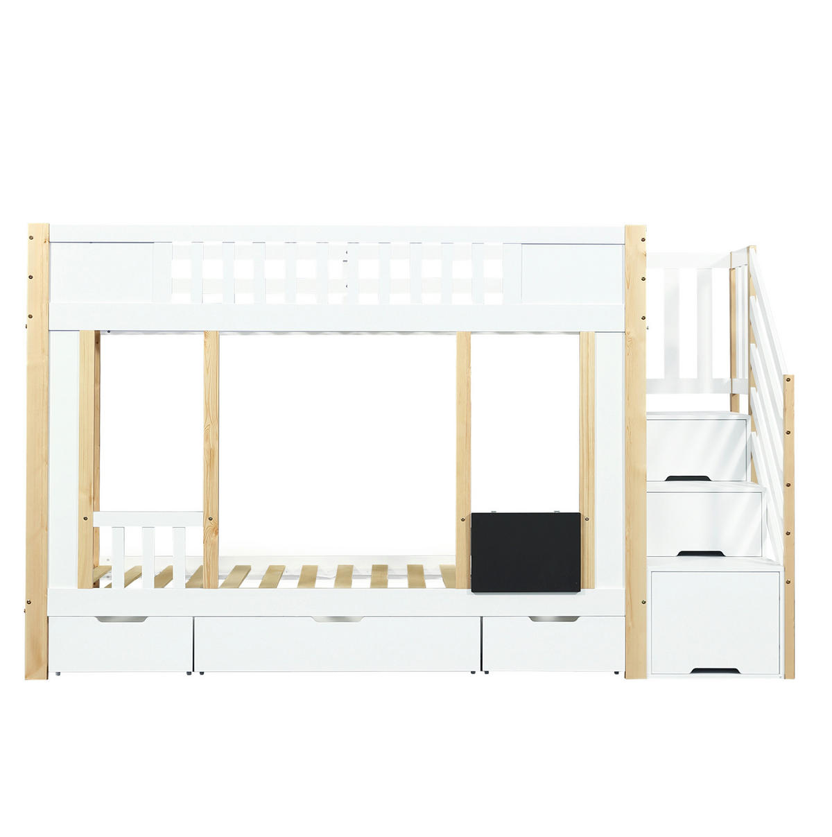 ETAGENBETT 90/200 cm mit Treppenschrank, 3 Rollschubladen und Tafel, Weiß/Natur - Weiß, Holzwerkstoff (90/200cm) - Redom