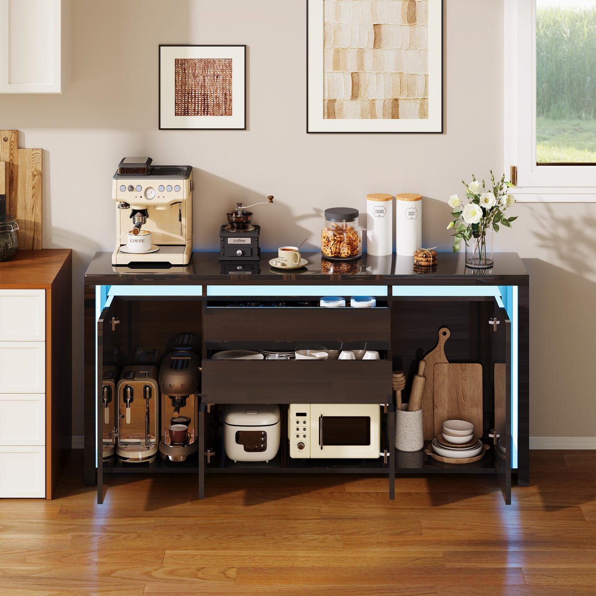 SIDEBOARD 160x35x75 cm 2 Schubladen 4 Türen LED schwarz - Schwarz, Holz (160/75/35cm) - Fortuna Lai
