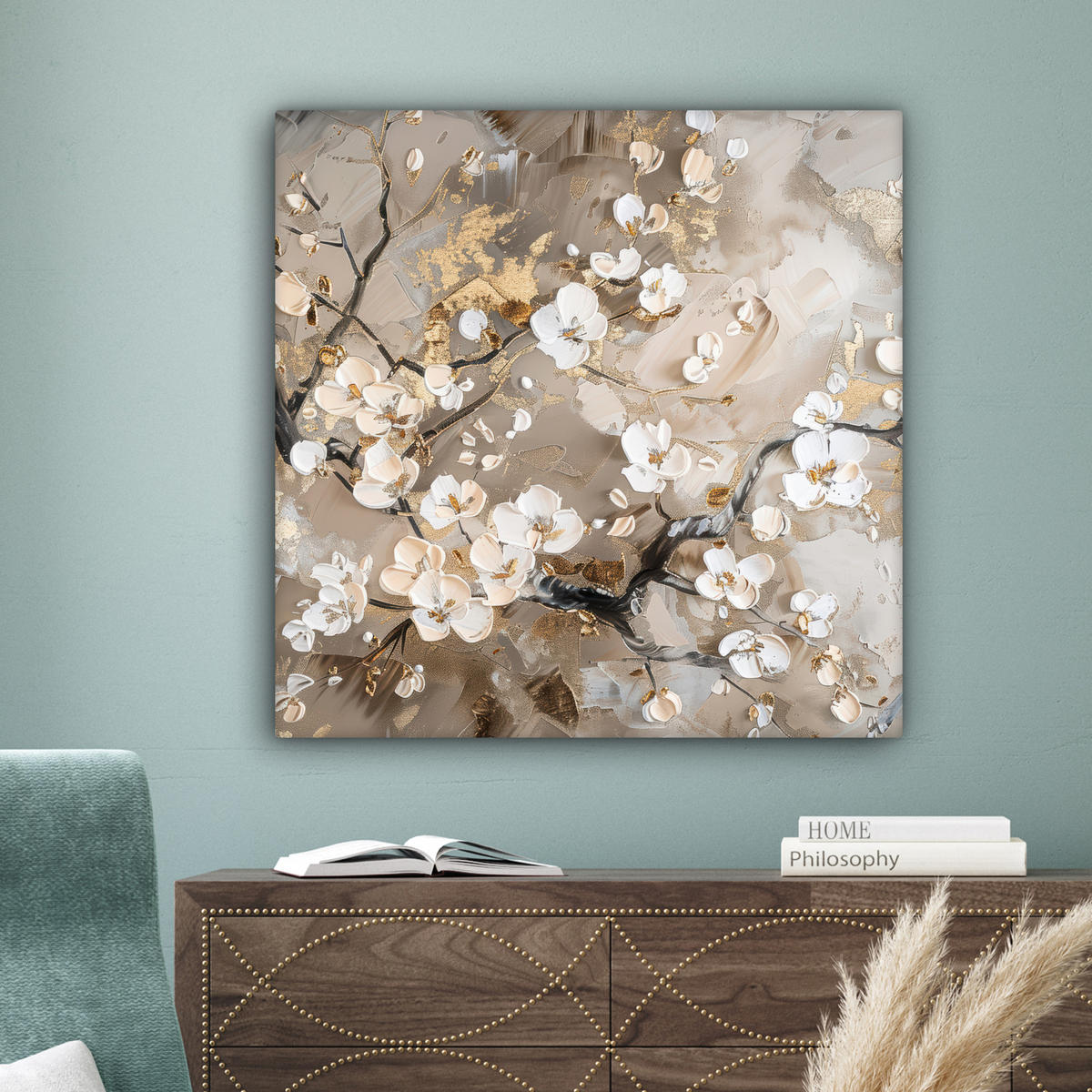 LEINWANDBILD - Blumen - Weiß - Gold - Beige - Luxus - 90x90 - Gemälde - Greige, Textil (90/90cm) - MuchoWow