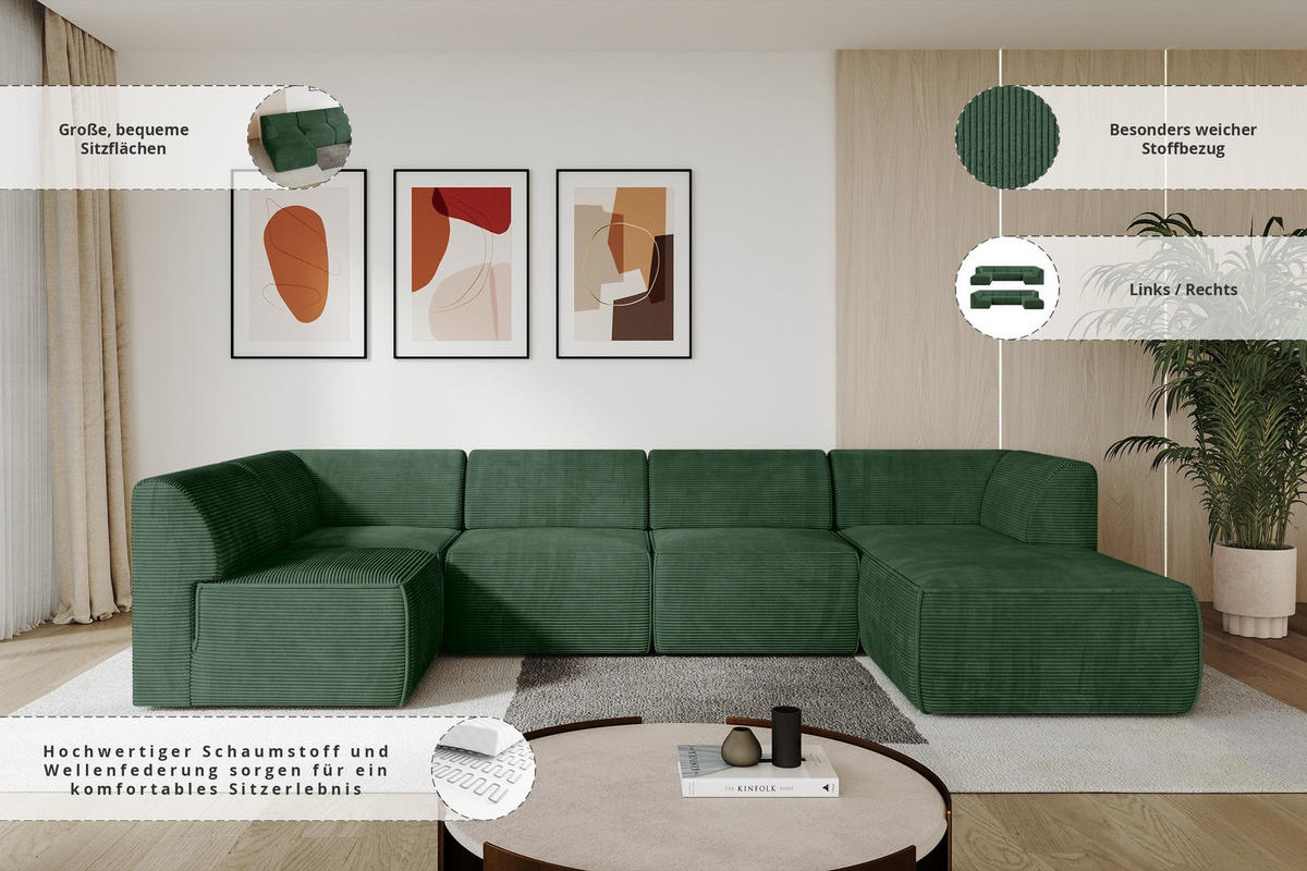 WOHNLANDSCHAFT Ottomane Rechts MOVA 345x180x78 Grün Cord - Waldgrün/Schwarz, Holzwerkstoff/Kunststoff (345/78/180cm) - ALTDECOR