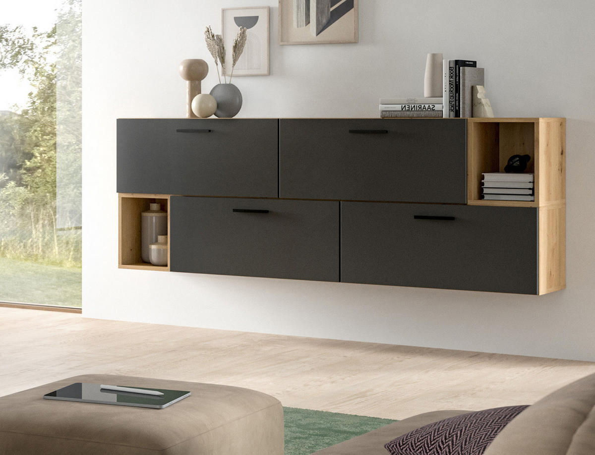 SIDEBOARD grau, Eiche Artisan 176 cm, Kommode hängend / stehend - Schwarz/Eiche Artisan, Holzwerkstoff/Kunststoff (176/65/34cm) - Inn.Furn