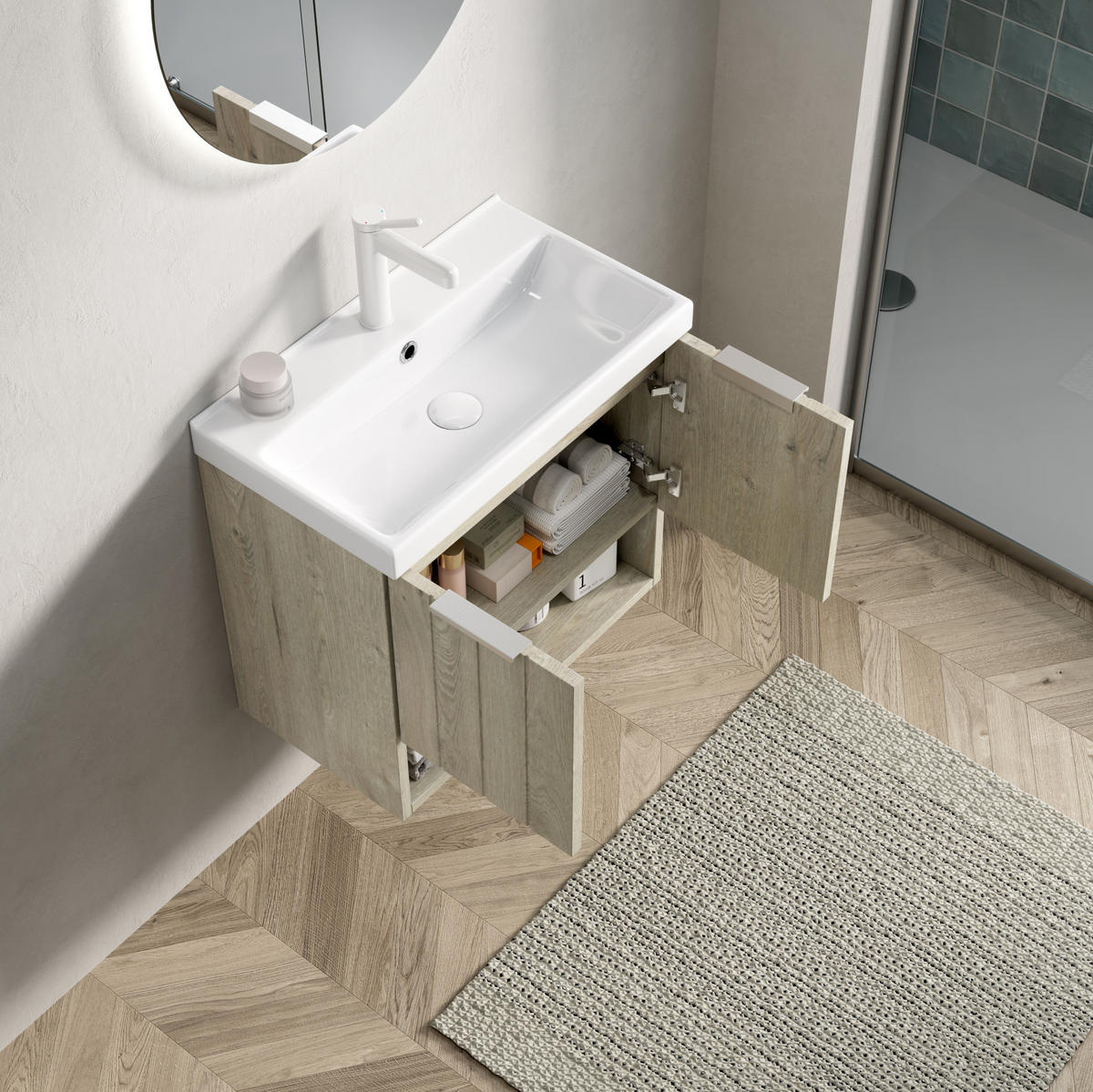 WASCHTISCHKOMBI 42x32x53cm Creme mit glänzendem Keramikbecken - Creme, Keramik (42/53/32cm) - Modfu