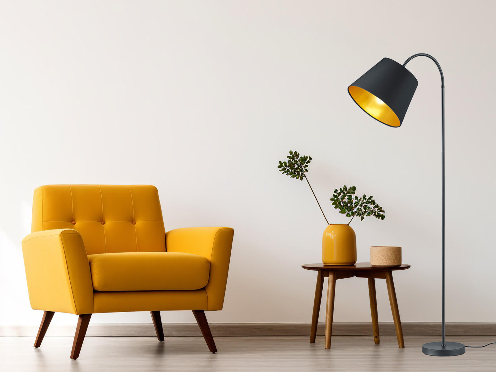 STEHLAMPE Höhe 156cm, Stoffschirm Schwarz Gold - Goldfarben/Schwarz, Textil/Metall (35/35/156cm) - meineWunschleuchte