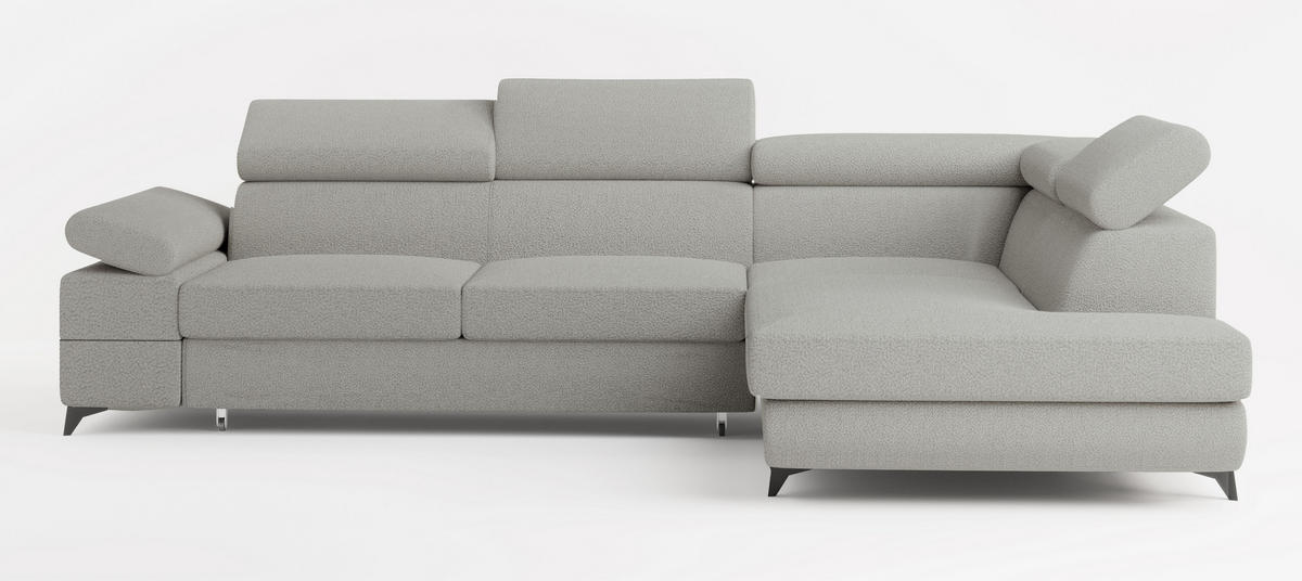ECKSOFA FAVIEN R-S Hellgrau Boucle-Stoff mit Schlaffunktion - Hellgrau, Holz (257/190cm) - MASSENO