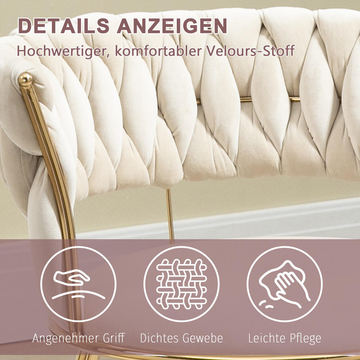 JÍDELNÍ ŽIDLE sada 2 ks samet slonová kost a zlato s pleteným opěradlem - magnolie, textil (57/70/43cm) - Urban Meuble