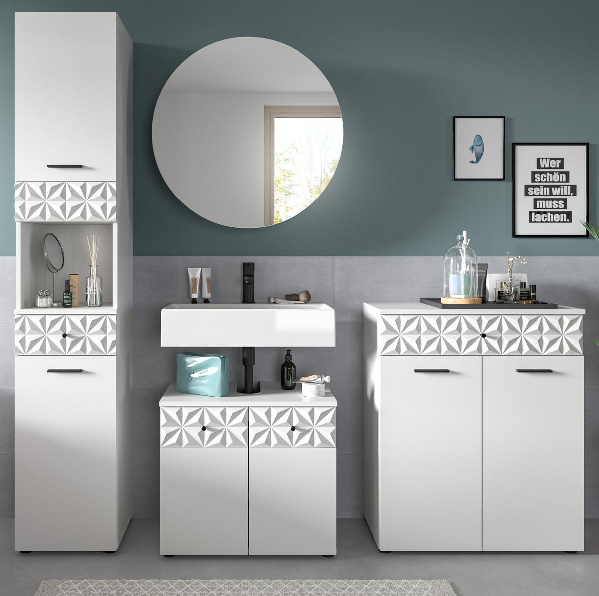 BADMÖBEL-SET weiß Hochglanz 4-teilig 200 cm, Komplettset mit 3D-Struktur - Weiß Hochglanz, Glas/Holzwerkstoff (205/187/37cm) - Inn.Furn