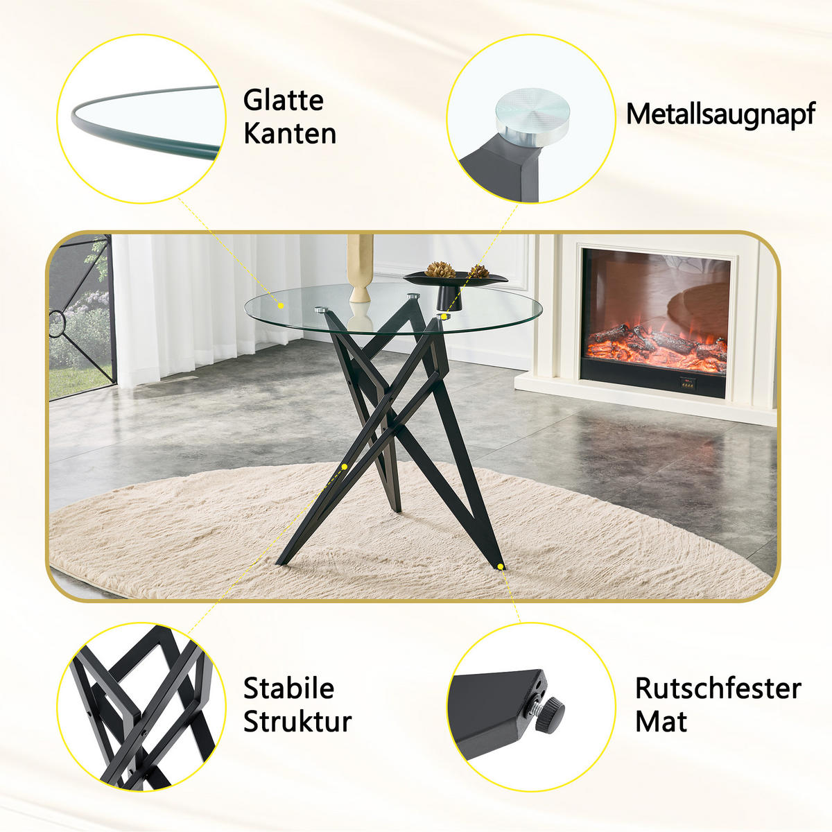 BEISTELLTISCH Rund 85 cm mit Glasplatte DE-40043 Silber - Schwarz, Metall (85/85/75.7cm) - ComfortXL