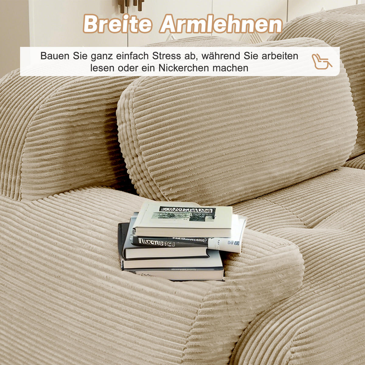 ECKSOFA 388/178/70 cm Beige Cord mit extra-breiten Armlehnen, Rahmenloses - Beige, Textil (388/178cm) - Oxeza