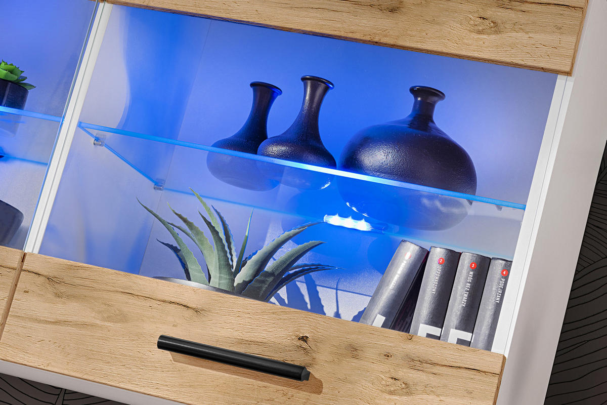 HÄNGEVITRINE SAVONA, Wotan, LED Blau - Eiche Wotan/Schwarz, Glas/Holzwerkstoff (100/50/27.2cm) - Komodee