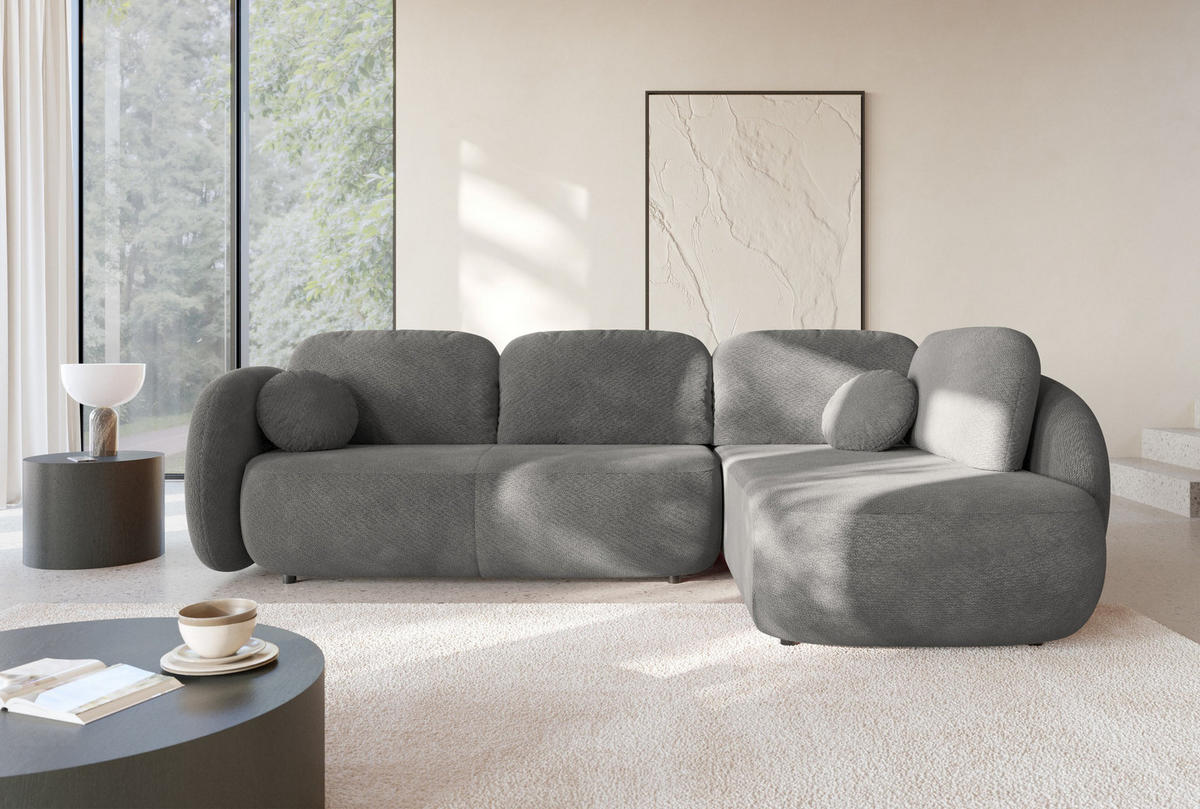 ECKSOFA AMICO II R-S Grau Geflochtener Stoff mit Schlaffunktion - Grau, Holz (289/190cm) - MASSENO