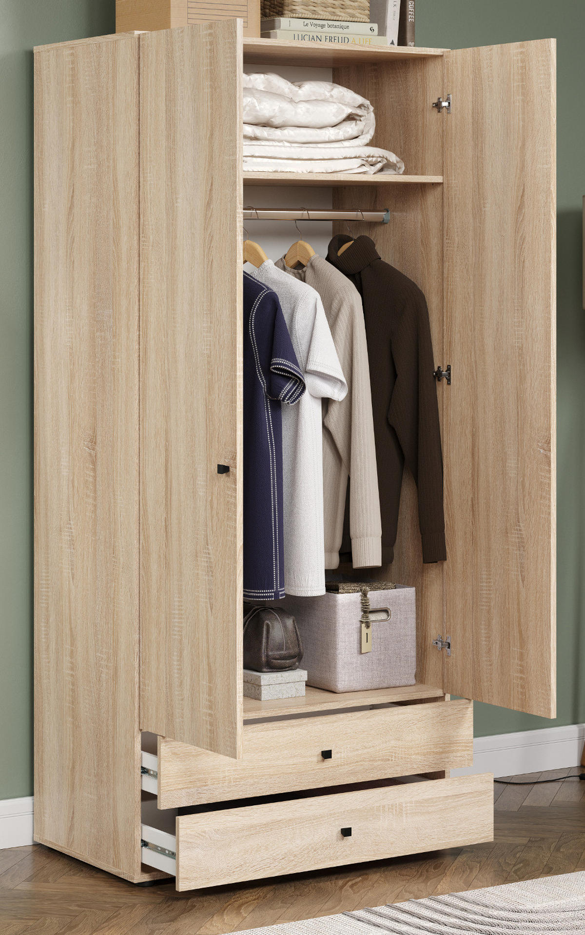 KLEIDERSCHRANK Eiche Sonoma hell 81 x 176 cm, Drehtürenschrank 2-türig mit Schubalden - Schwarz/Sonoma Eiche, Holzwerkstoff/Kunststoff (81/176/51cm) - Top.Furn