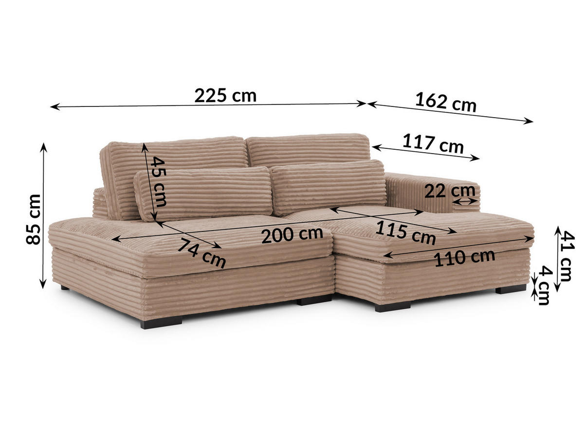 ECKSOFA Wolke mit tiefer Sitzfläche, Schlaffunktion und praktischem Bettkasten aus weichem Beige Cordstoff - Schwarz/Cappuccino, Holz/Kunststoff (225/162cm) - S-Style