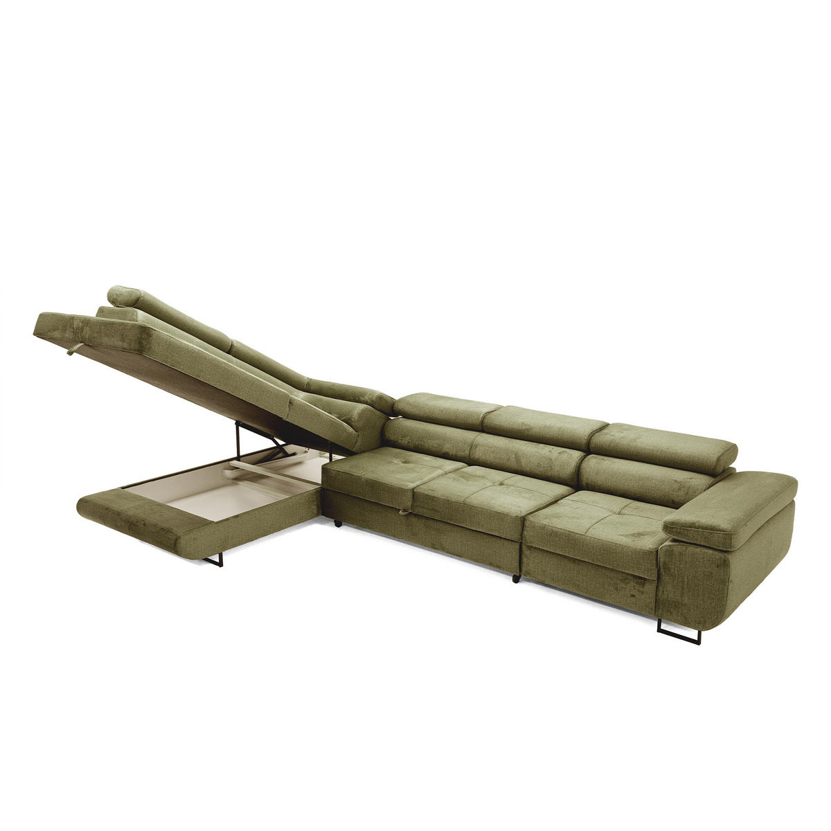 ECKSOFA WILD MAXI L Links mit Schlaffunktion 125x195 Velours Hellgrün - Chromfarben/Hellgrün, Holz/Textil (203/350cm) - Muffo