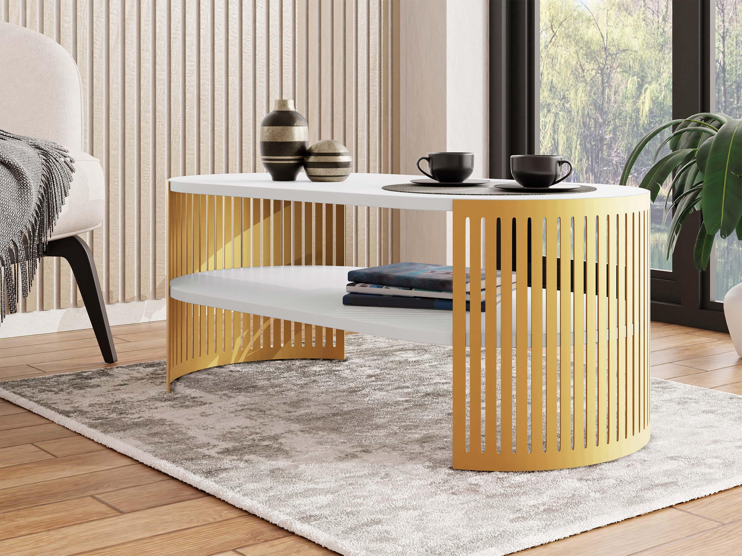COUCHSITCH Fikoli Oval Gold I - Goldfarben/Weiß, Holzwerkstoff/Metall (100/50/40cm) - MIRJAN24