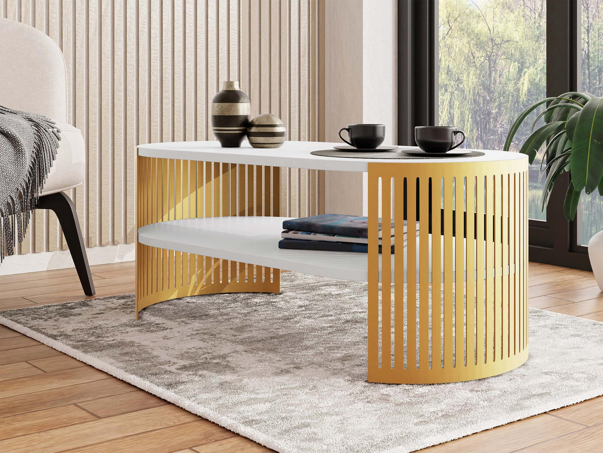 COUCHSITCH Fikoli Oval Gold I - Goldfarben/Weiß, Holzwerkstoff/Metall (100/50/40cm) - MIRJAN24