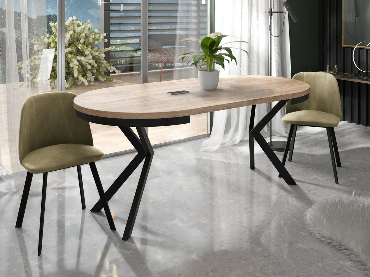 ESSTISCH Ross runder ausziehbarer, Sonoma Eiche 120-200/120/76 cm - Schwarz/Sonoma Eiche, Holzwerkstoff/Metall (120/120/76cm) - WFL GROUP