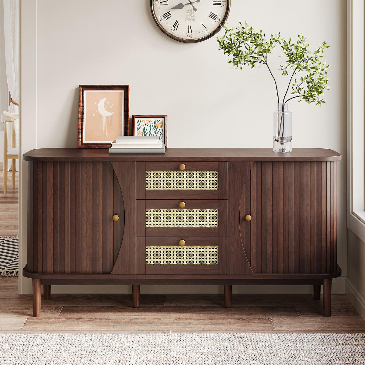 SIDEBOARD Rattan Schiebetüren verstellbar - Naturfarben, Holzwerkstoff (140.5/73/40cm) - LEBENLANG
