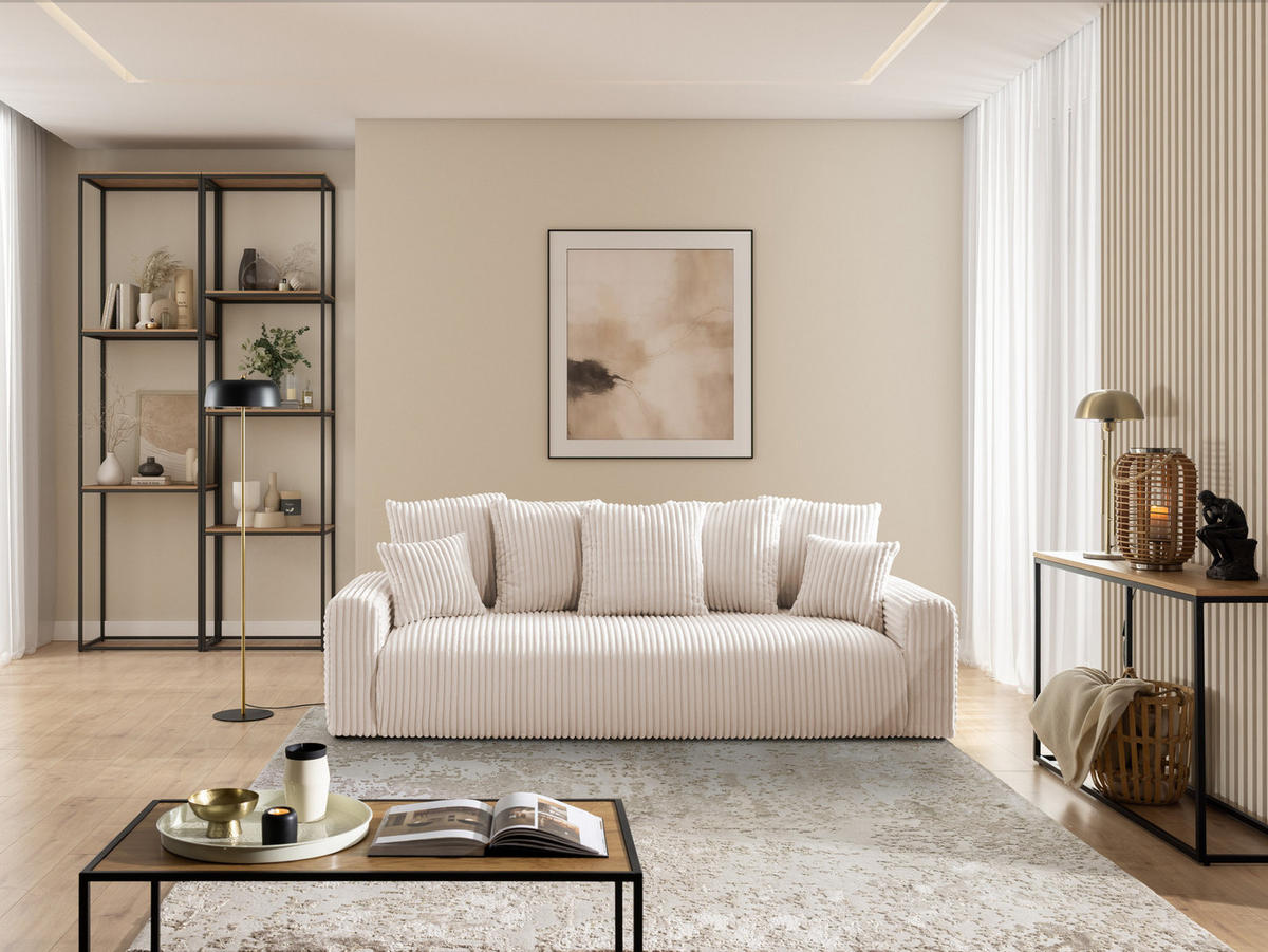 SCHLAFSOFA Calma mit Bettkasten im Bumpy-Design aus weichem Hellbeige Plüschcord - Beige/Schwarz, Holz/Kunststoff (239/88/98cm) - S-Style