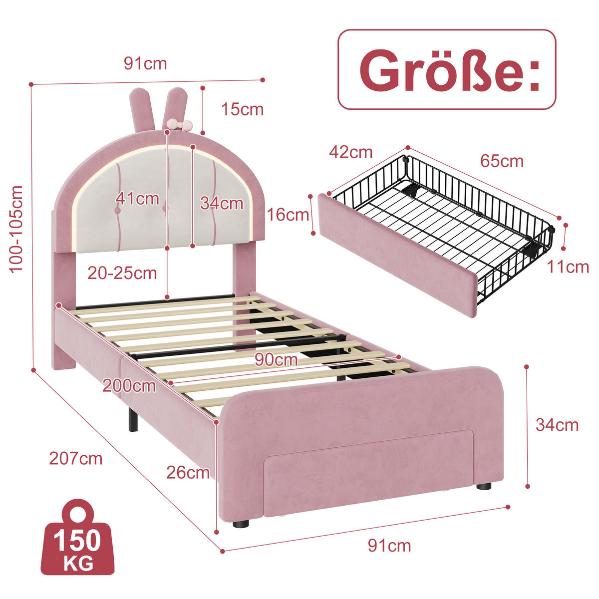 KINDERBETT 90x200 cm mit LED-Beleuchtung und Schubladen, Hasen-Kopfteil, höhenverstellbar, Samtstoff - Rosa, Holz/Metall (90/200cm) - GENKI LIVING
