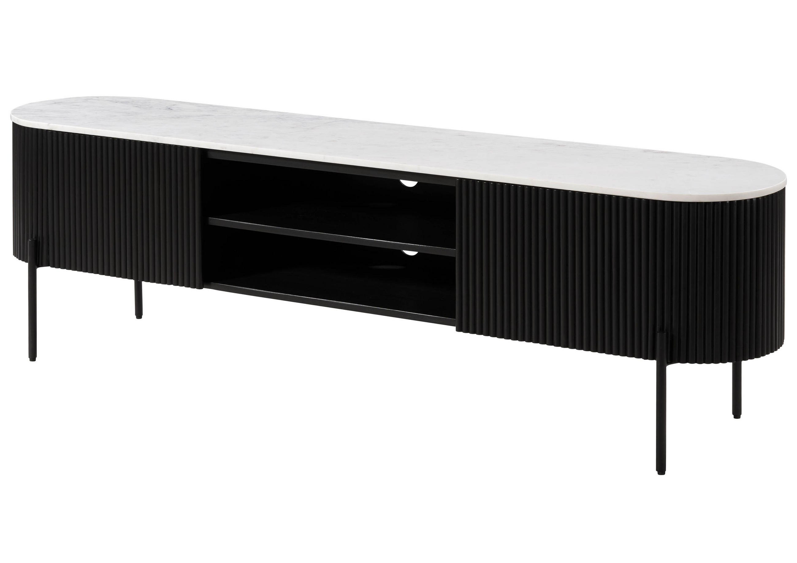TV-BOARD Mango 180x36x51 schwarz lackiert / Marmor weiß BARCELONA #111 - Schwarz, Holz (180/51/36cm) - Massivmoebel24